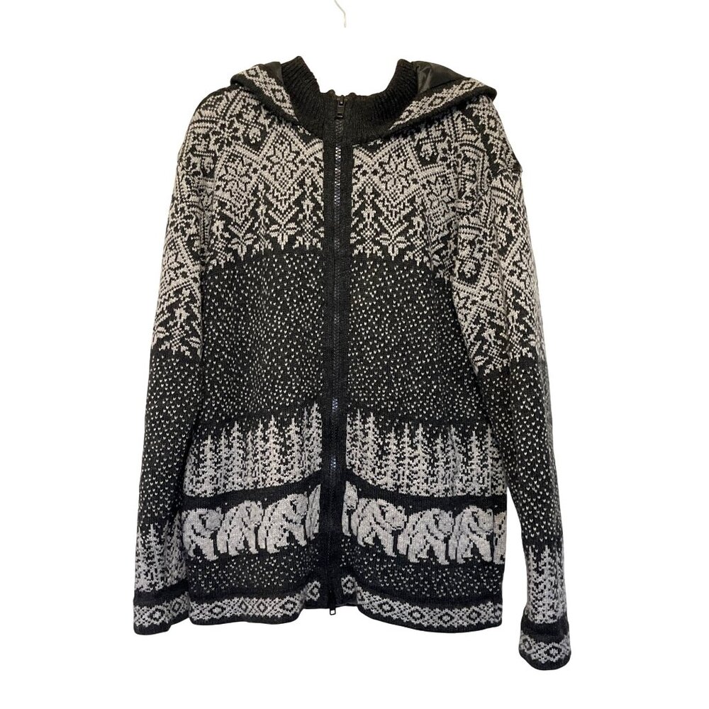 Wool Knit Hooded Full-Zip Sweater Jacket W/ Bear & Forest Print Nylon Liner